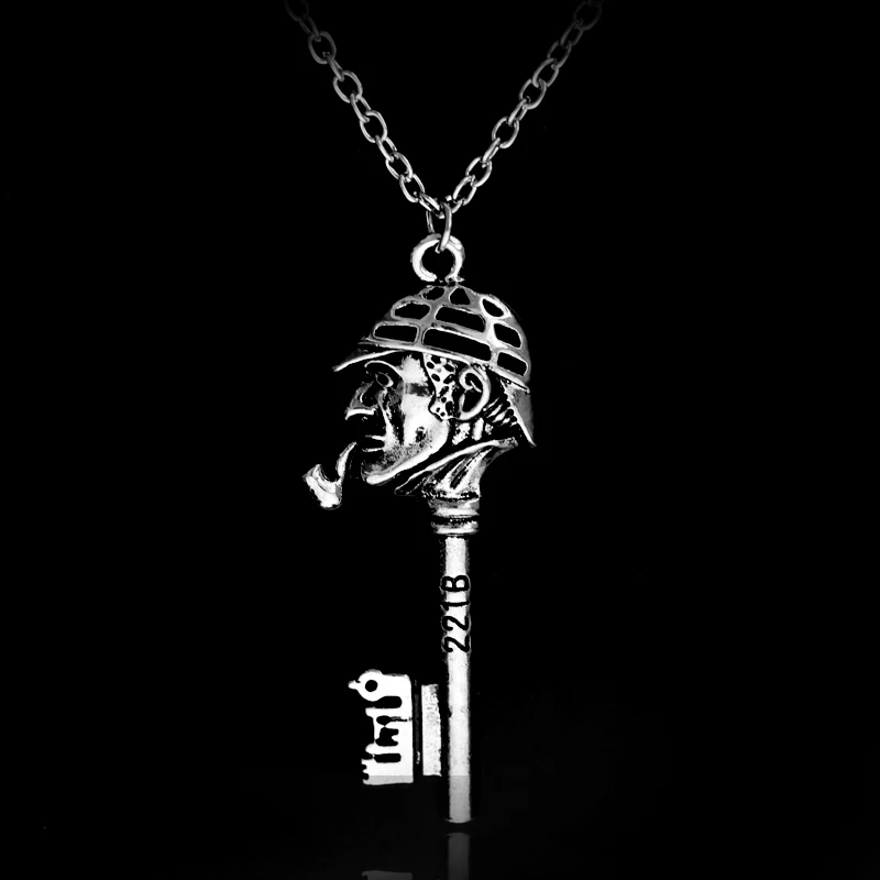 

MQCHUN Fashion Jewelry Movies Sherlock Holmes 221B Face Key Pipe Hat Charm Pendant With Necklace-30
