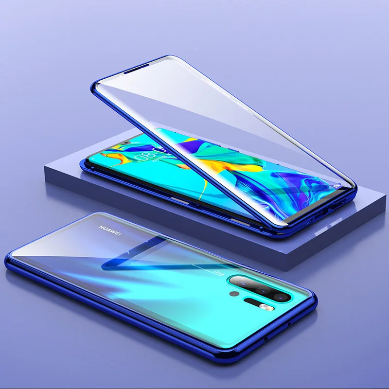 Роскошные Магнитный чехол для huawei P30 Pro чехол 360 полный защитный прозрачный закаленное Стекло задняя крышка для huawei P30Pro случае - Цвет: blue