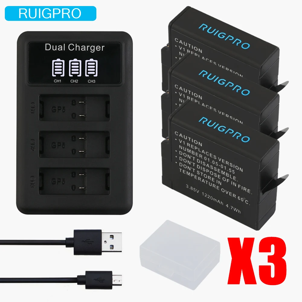 RuiPro 3 шт батареи для GoPro Hero 5 Gopro 6/7 2018 Камера Батарея AHDBT-501 + слота светодиодный USB