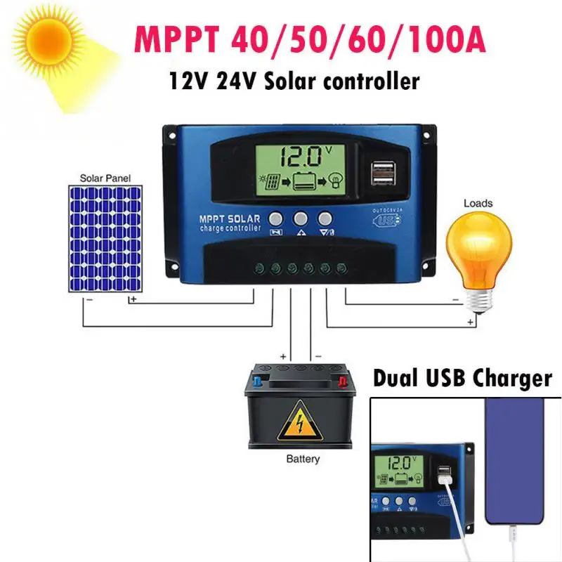 

Auto Work Solar Charge Controller MPPT with LCD USB Output Solar Cell Panel Charger Regulator PV Home 40A 50A 60A 100A 24V