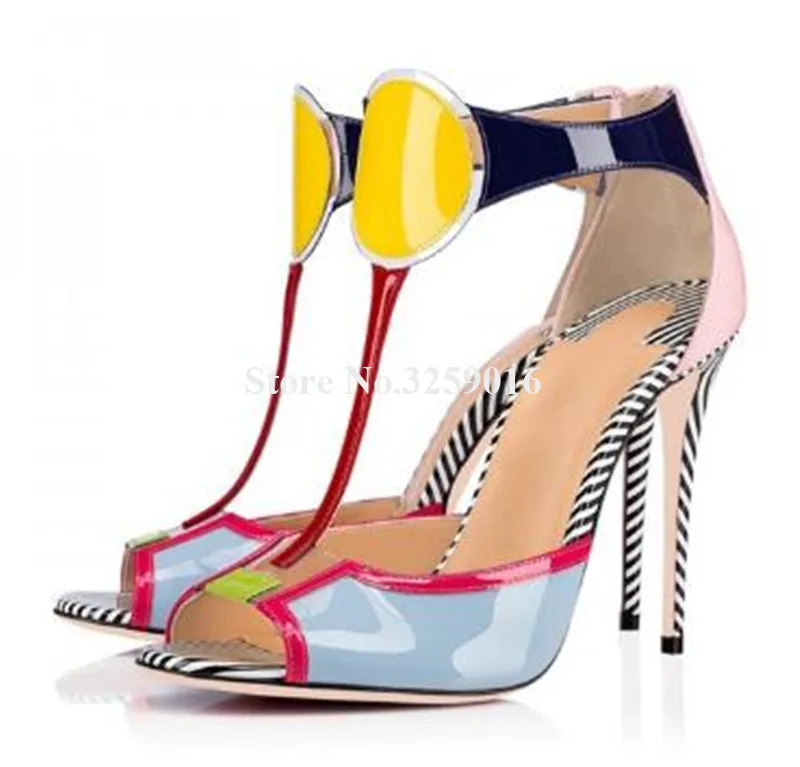 

Brand Design Women Fashion Peep Toe Patent Leather Patchwork Stiletto Heel Sandals Ankle Wrap Colorized High Heel Sandals Shoes