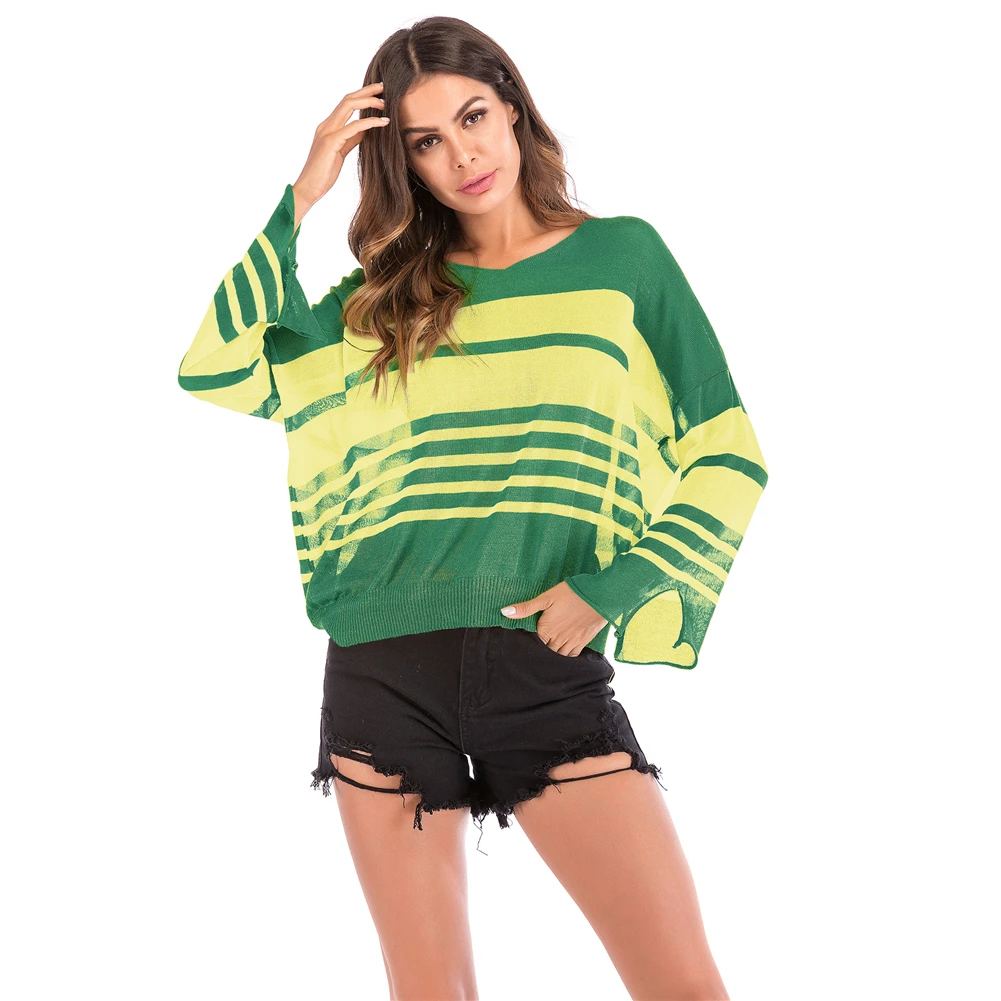 Blouse Women Autumn Loose Striped Hollow Out Shirt Pullover V-neck Knitted Clothes For Ladies Causal Blouses |