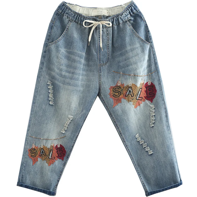 Модная вышитая буква женские рваные джинсы бойфренда для женщин мама потертые Лоскутные мешковатые джинсы эластичные джинсовые шаровары