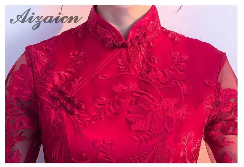 Красное Кружевное длинное Ципао, современные китайские вечерние платья Qi Pao в восточном стиле, винтажное платье для невесты, женское