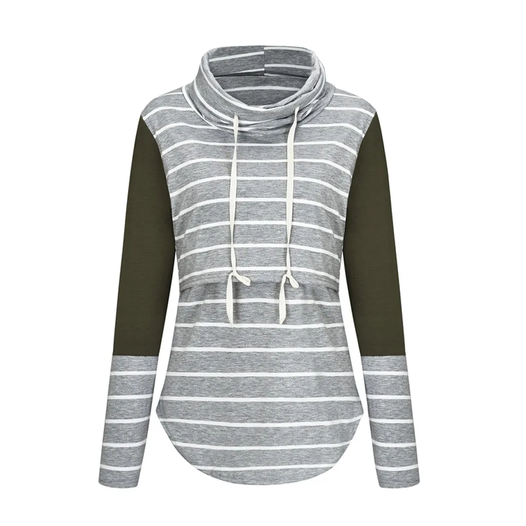 

Women Pregnant Nusring Maternity Long Sleeve Tops Splicing Stripe Blouse Tops(Green)