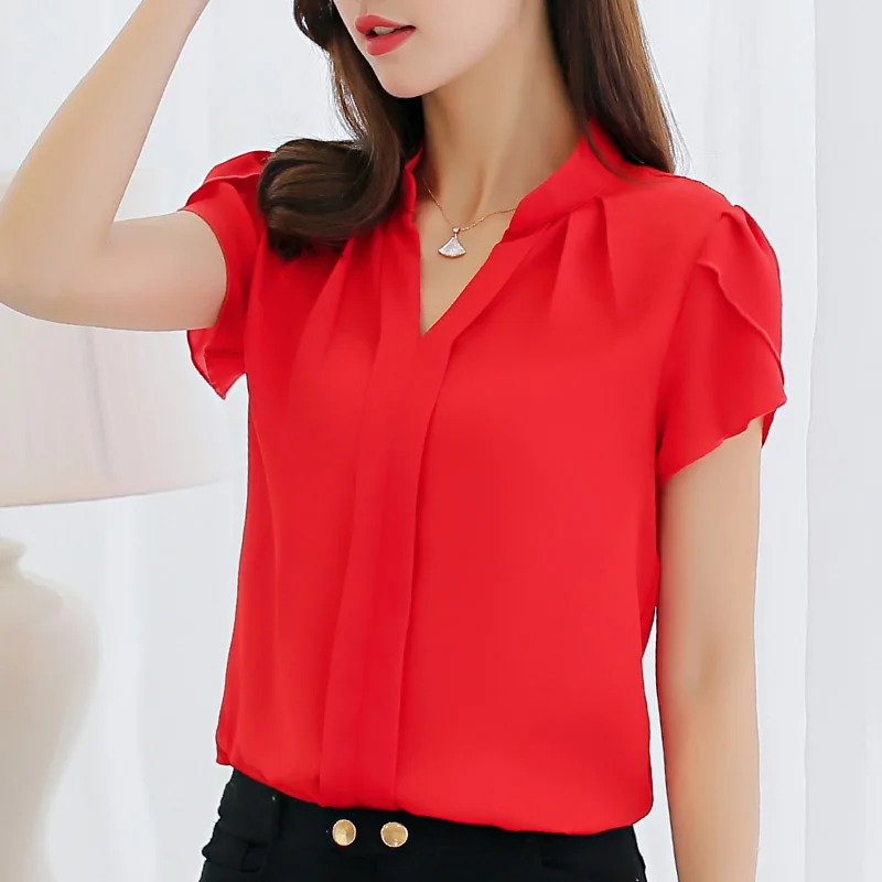 Women White Shirt Female Short Sleeve Shirt V Neck Casual Chiffon ...