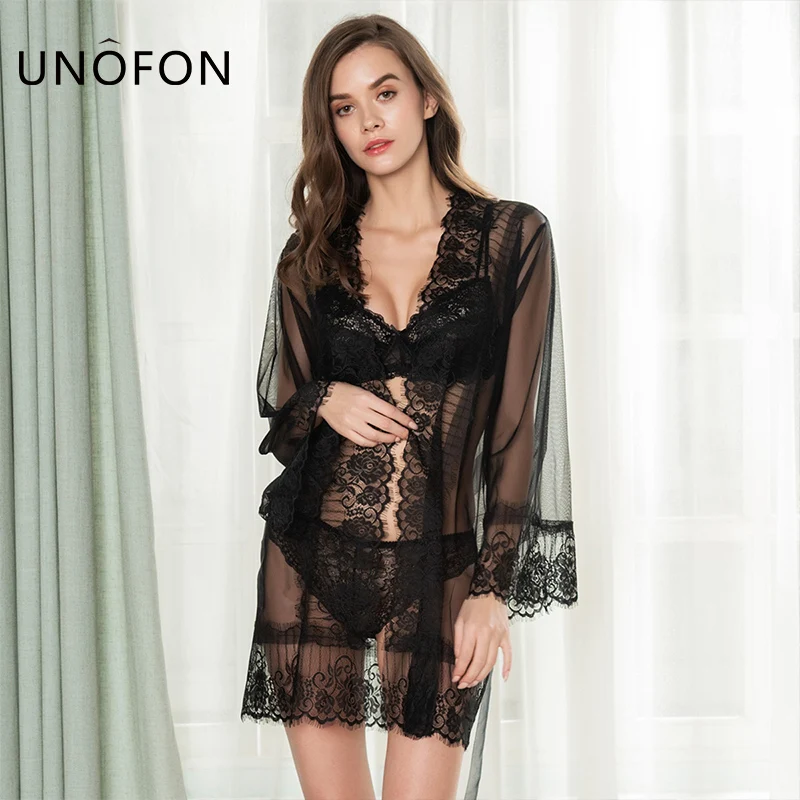 

UNOFON erotic bra set with belt , mesh eyelash pattern lace