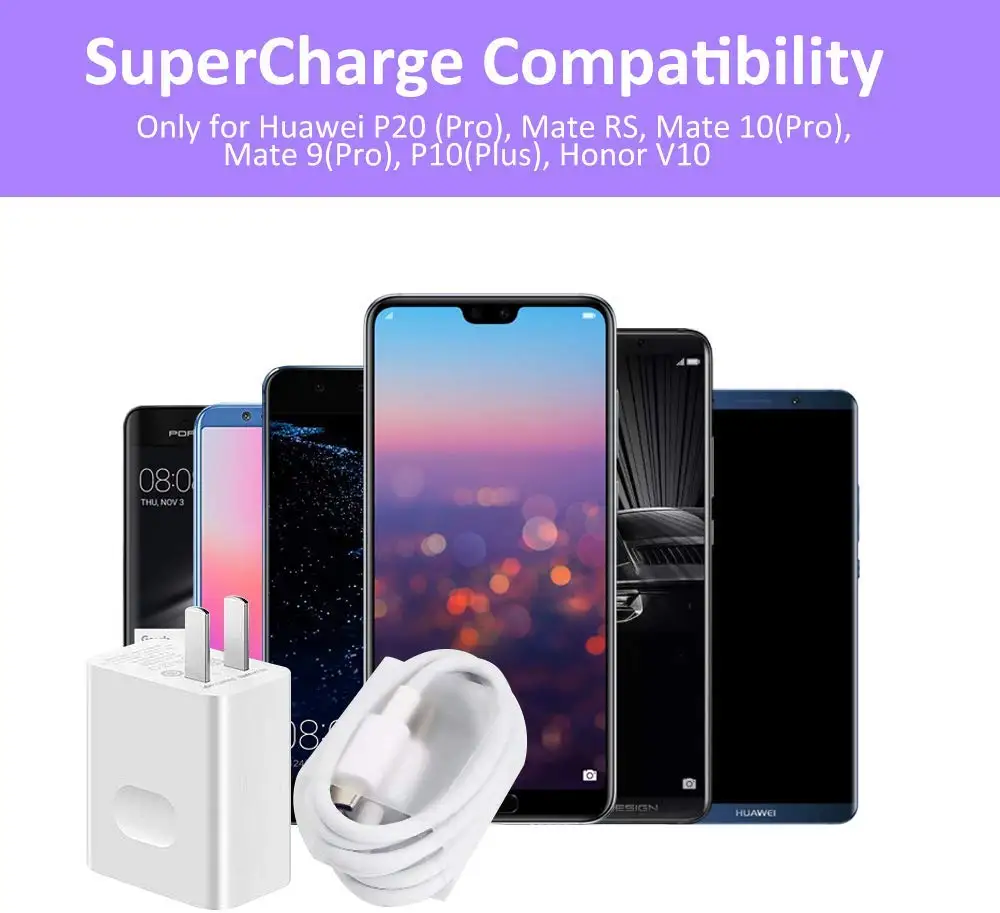 HUAWEI Original Fast Charger Mate 9 10 Mate 20 Pro P20 Supercharge Quick Travel Wall Adapter 4.5V5A/5V4.5A Type-C 3.0 USB Cable