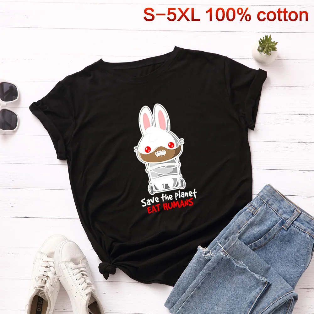 

SKOONHEID Harajuku Rabbit Print Tee Shirt Women Summer Animal Basic Tops S-5XL O Neck 100% CottonT-shirt Funny Cartoon t shirt