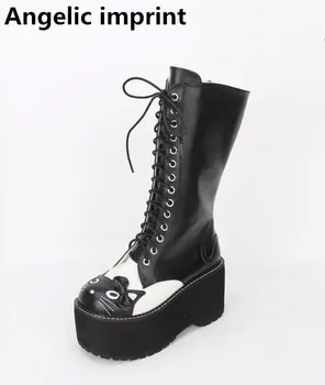 

Angelic imprint mori girl Women platform punk cosplay shoes lady lolita Boots woman Mid heels boots wedges lovely car face 33-47