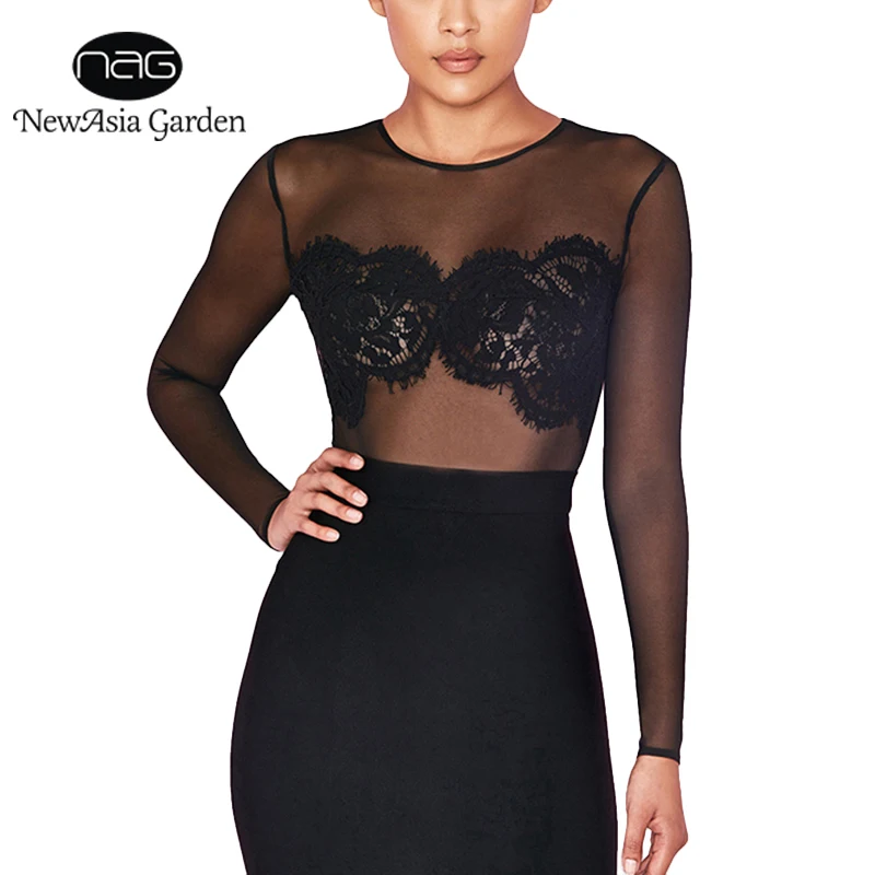 

NewAsia Garden 2018 New Keyhole Mesh Lace Bodysuits Women Jumpsuits Sexy Bodysuits Body Feminino Sheer Tops Long Sleeve Overalls