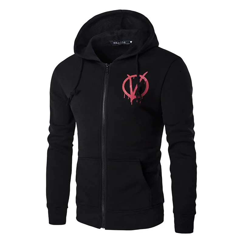 New Men V for Vendetta Printing Hoodies Black Hoodies BaseBall Jacket Men Warm Slimming Coat