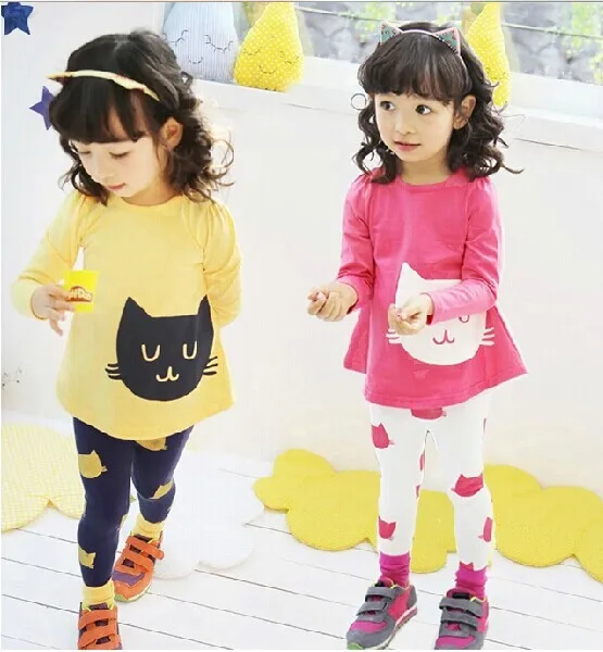 

Free Ship New 2016 Girls Sets Kids Apparel 3~10Age cats Children spring+autumn 2pcs Set girls clothing sets shirt +pants