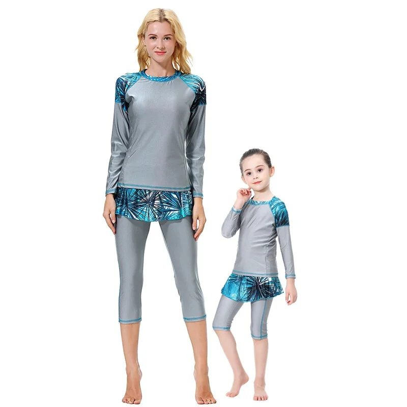 

2019 Parent-child Muslim Swimwear Split Quick-drying Conservative High Waist Swimwear Slim Casual Swimsuit Female Women Girl