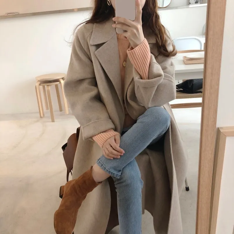 

Women Sashes Long Outwear Casual Turn-Down Collar Woolen Coats Solid Autumn Winter Long Sleeve Blends Overcoats