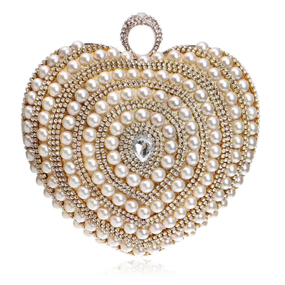 

Women's Heart Shaped Evening Clutch with Shiny Rhinestone and Pearls for Party and Wedding