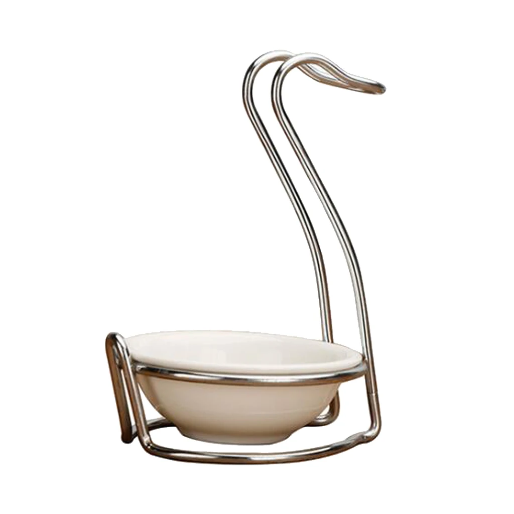 Modern White Ceramic Kitchen Ladle Spoon Rest Holder with Polished Stainless Steel Rack Spoon Rests Clips Holder Kitchen Tools