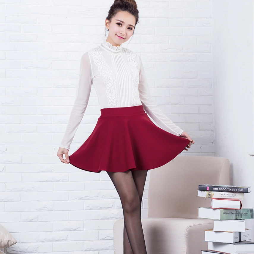 

Women's Stretch Waist Plain Skater Flared Pleated Mini Skirt Summer 2016 Fashion Red Black White Women Skirt