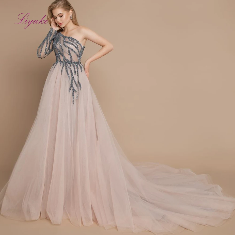

Liyuke A-line One-shoulder Evening Dress Lace Beading Appliques Chapel Train Evening Gown Floor Length