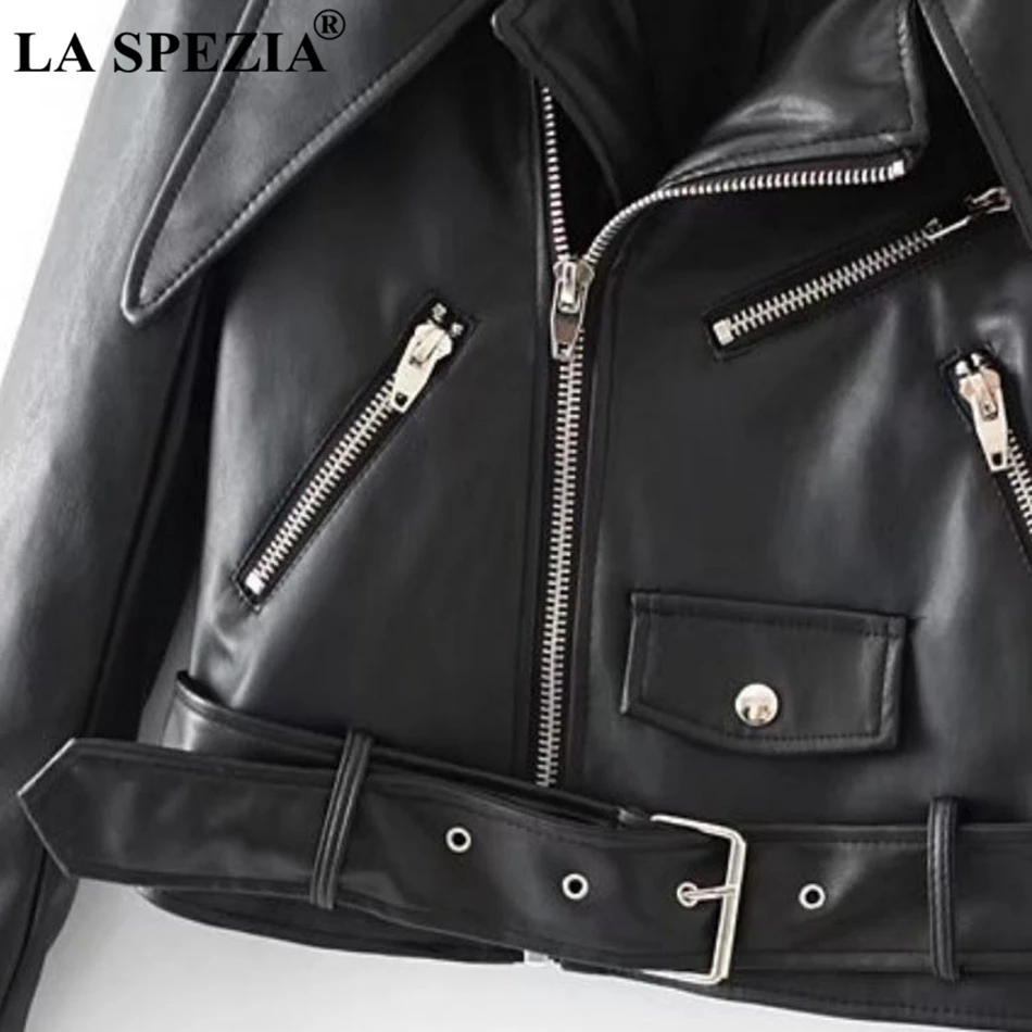 LA SPEZIA Motorcycle Jacket Women Black Leather Coats Female Biker Belt Zipper Pockets Punk Autumn Winter Classic Jackets 2019