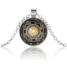 Fashion Silver Chain Necklace Sri Yantra Photo Cabochon Glass Pendant Jewelry