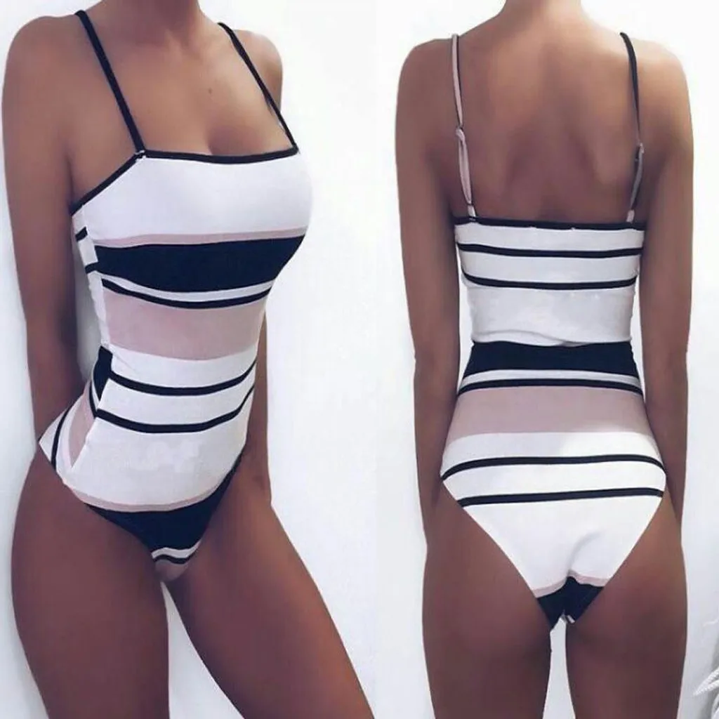 

Striped print body tights women's swimwear Tumblr one-piece swimsuit jumpsuit jumpsuit top summer beach#p2
