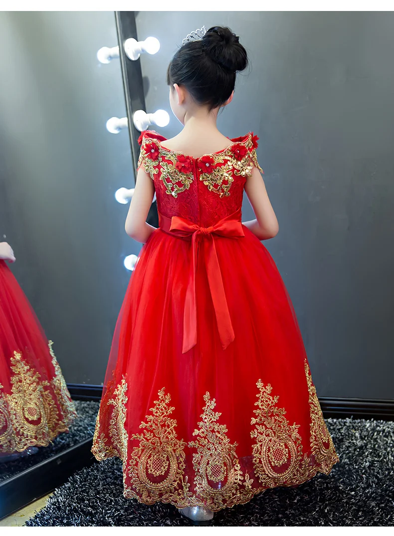 Платья с цветочной аппликацией и блестками для девочек; Свадебное бальное платье с v-образным вырезом; длинное детское платье; вечернее платье-пачка принцессы с цветочным рисунком для дня рождения