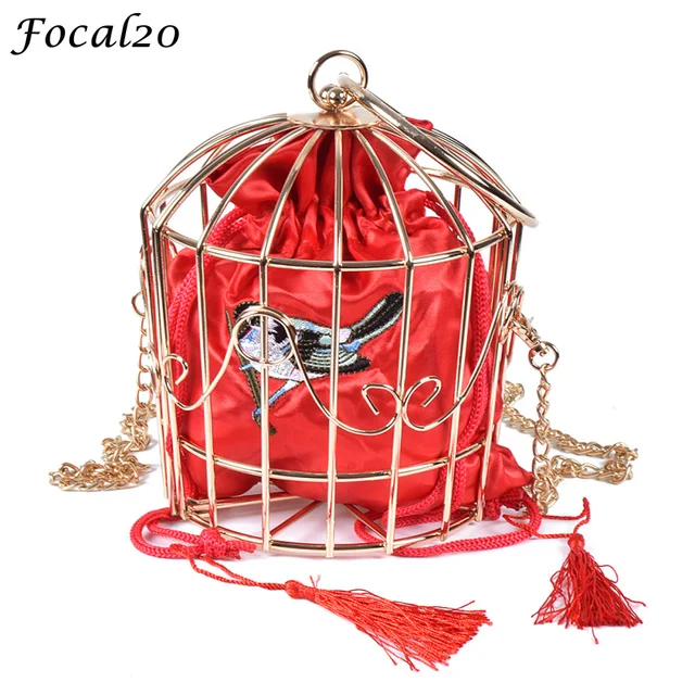Focal20 Gold Metal Bird Cage Clutch Bag Embroidery Bucket Bird Tassel