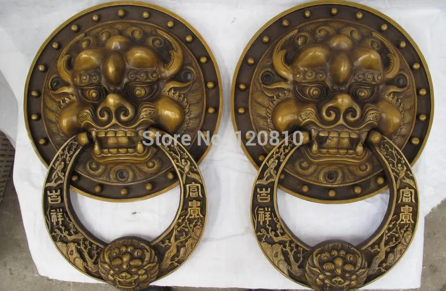 

Chinese FengShui Copper Bronze Foo Dog Lion Avoid evil Door handle Knocker Pair