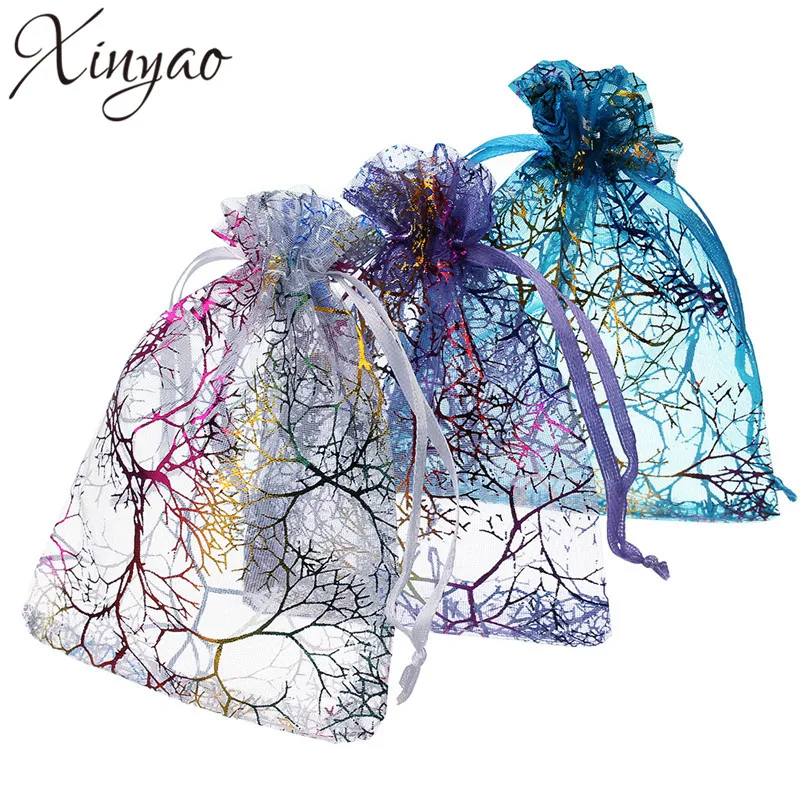 XINYAO 25pcs lot 7 9 9 12 10 15cm Coral Pattern Organza font b Drawstring b