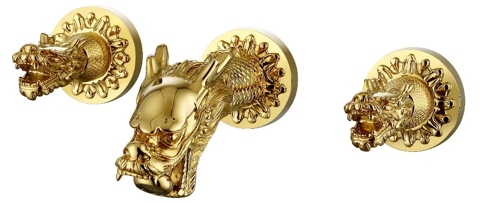 

Free ship Gold Color double Handles Widespread Dragon Pattern wall mounted Bathroom Sink Faucet