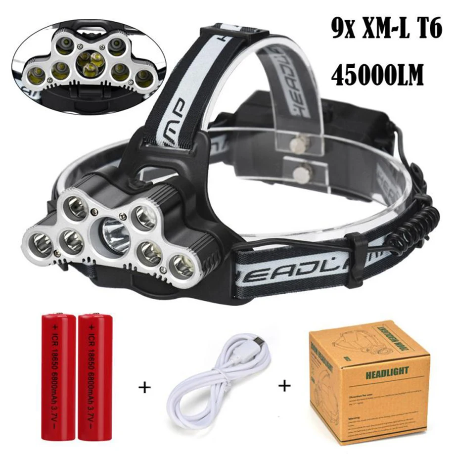 45000 LM 9X XM L T6 LED Rechargeable Headlamp Headlight Travel Head