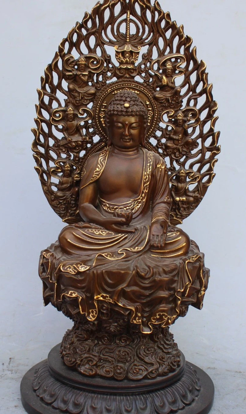 

14" Tibet Purple Bronze Gold Gilt Shakyamuni Amitabha Buddha Protector Statue