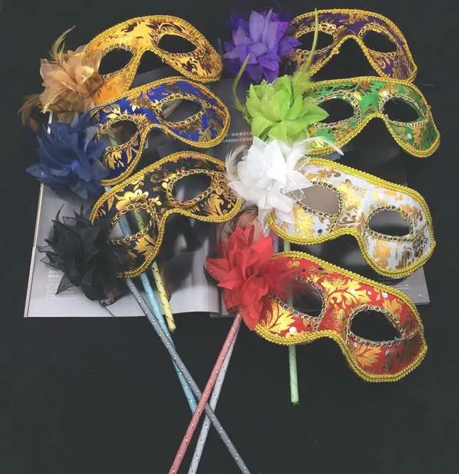 

New Venetian masquerade feather flower mask on stick Mardi Gras Costume printing Halloween Carnival Hand Held Stick party mask