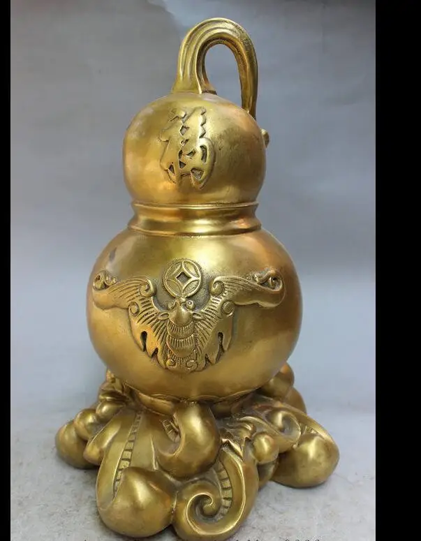 

6710510++15" Folk Chinese Brass Decoration Exorcism Evil BAT Fu Gourd Cucurbit Statue