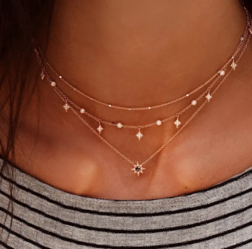 

2019 Fashion Multilayer Gold Chain Choker Star Crystal Pendant Statement Necklace Necklace Women Jewelry Metal