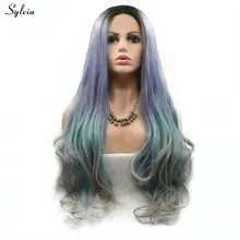 Sylvia Для женщин естественная волна длинные Синтетические волосы высокое Температура Волокно короткие темные корни к фиолетовый/синий зеленый/серый Синтетические волосы на кружеве искусственные парики