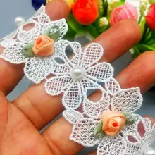 

1 Yard Vintage Polyester Pink Flower Leaves Pearl Fabric Lace Edge Trim Wedding Dress Ribbon Embroidered Applique Sewing Crafts