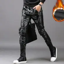 Осенне-зимние корейские модные мотоциклетные брюки из искусственной кожи мужские брюки для ног обтягивающие брюки из искусственной кожи для мужчин плотные черные