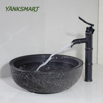 Best YANKSMART Flora Ceramic Bathroom Washbasin Sink Counted Top Washroom Vessel Vanity Sink + ORB Faucets Combo Set Mixer Water Tap