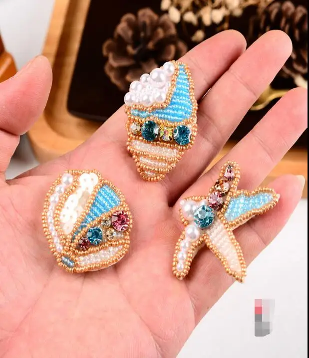 

1pc 3D sea shell beaded patches sew on DIY starfish rhinestone applique 3.5*4cm conch parch for clothing