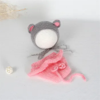 

Pink Animal Hat Diaper Set Baby Girl Photo Prop Fuzzy Knitted Teddy Bear Bonnet Romper Newborn Photography Props