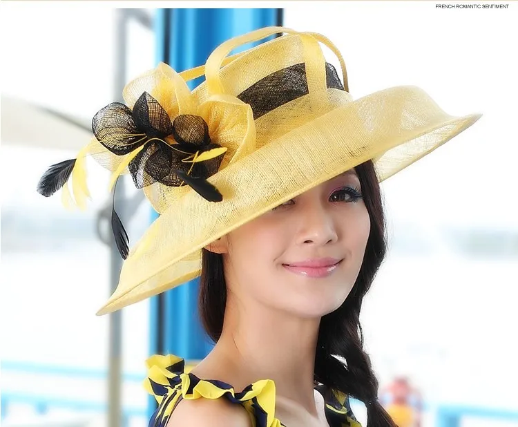 Women Church Hat Sinamay Fabric Fashion Dress Wide Brim Hat Formal Dress Sinamay Ribbon Flower Hat