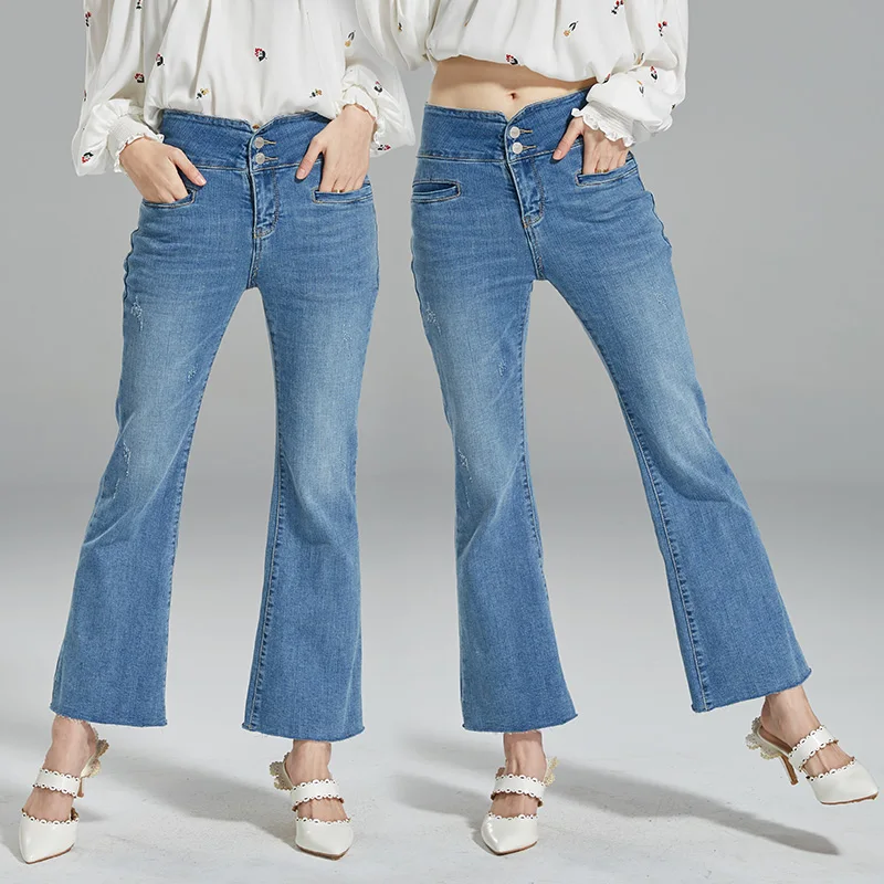 

Jeans Bell Bottoms Metal Buttons Washed Blue Denim Woman Ninth Length Mid Waist Casual Wear for Summer Spring Skin Friendly