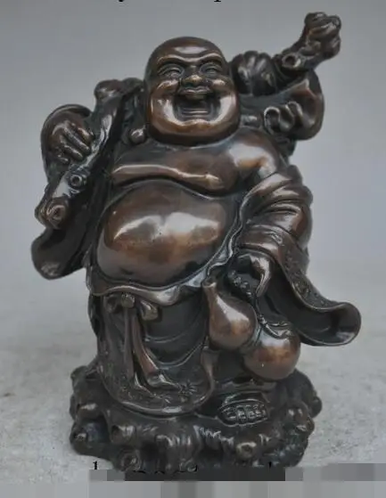 

S01075 7"chinese buddhism bronze wealth Purse bag happy laugh Maitreya Buddha statue (B0328)