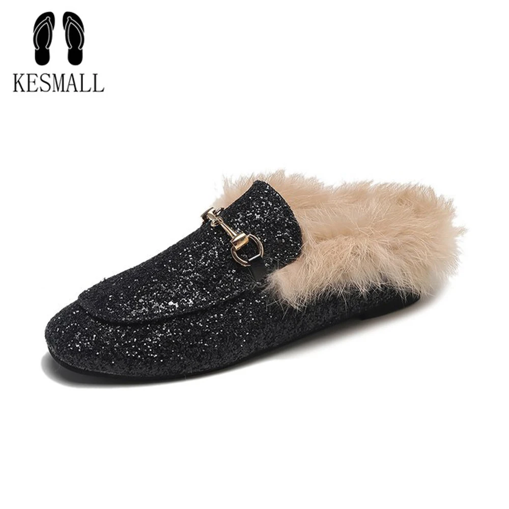 

KESMALL Women Fur Slippers Warm Plush Bling Shoes Ladies Flat Casual Shoes Women Outdoor Slides Suede Loafer Slip On Mule Shoe
