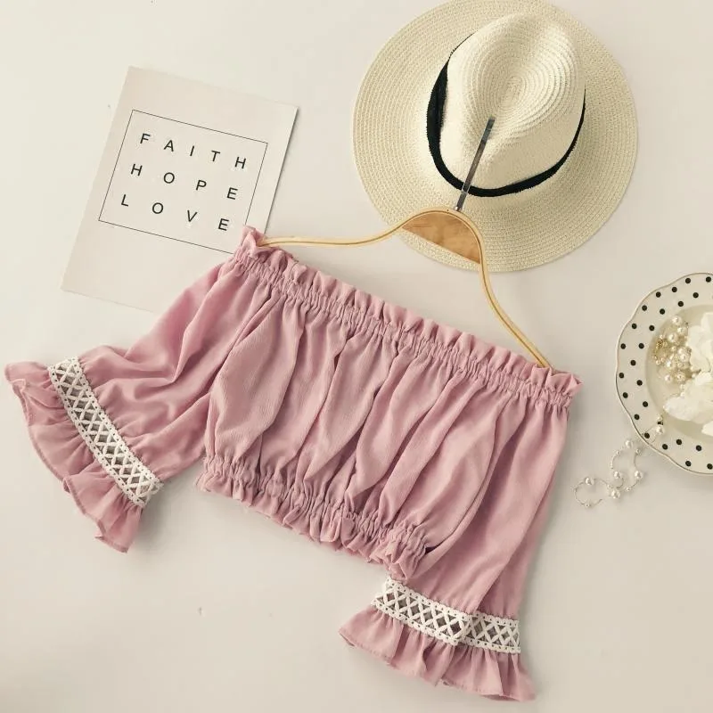 

Women Slash Neck Cropped Top Sexy Off Shoulder Chiffon Blouse Half Sleeve Short Tops