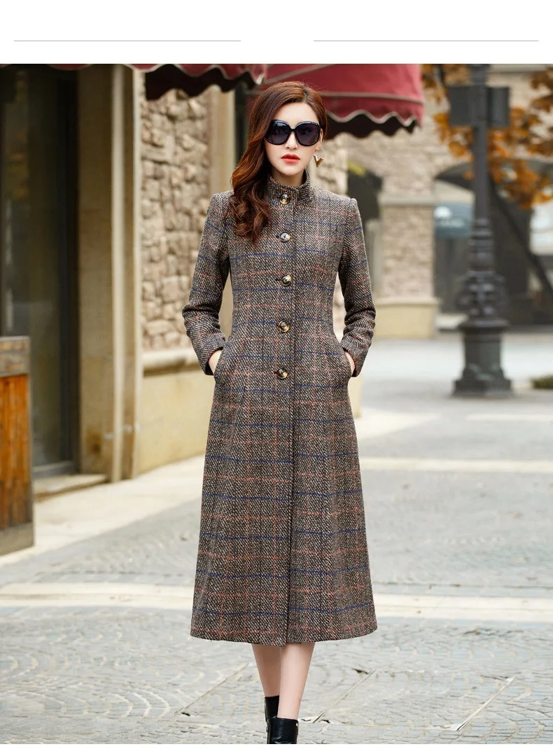 Шерстяное Женское пальто высокого качества, классическое длинное шерстяное пальто, женская зимняя верхняя одежда, клетчатое Женское пальто, корейская модная одежда B4183