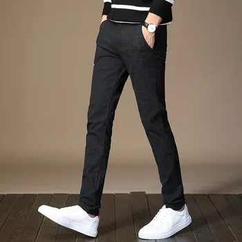 

Spring 2019 men's cotton and linen slacks elastic ground grid foot trousers youth MAO cultivate one's morality pants