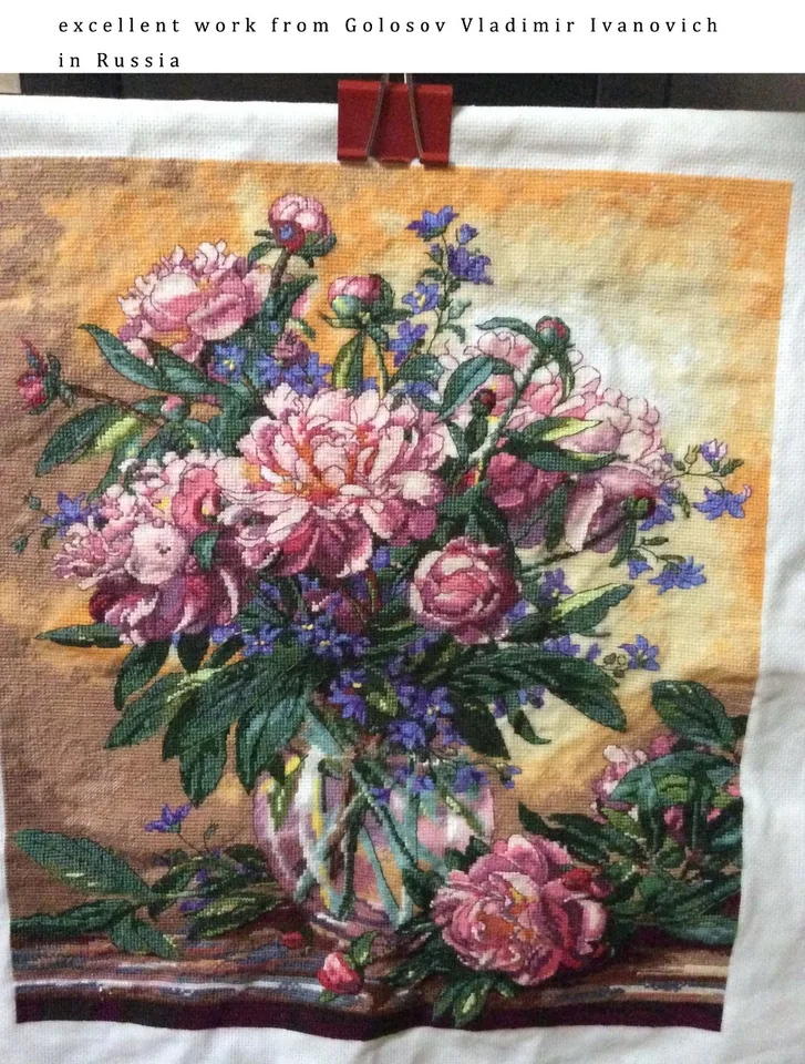 Amishop-素敵なカウントされたクロスステッチキット、花瓶の牡丹の花